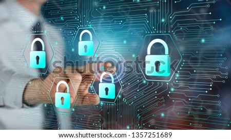 Man touching a data security concept on a touch screen with his finger