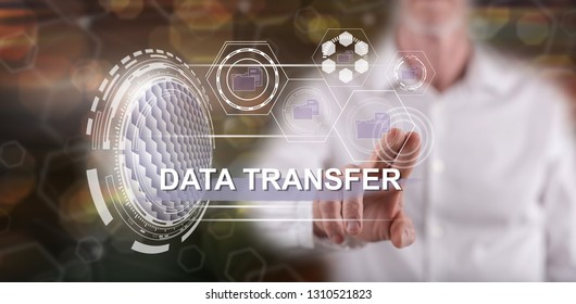 Man touching a data transfer concept on a touch screen with his finger