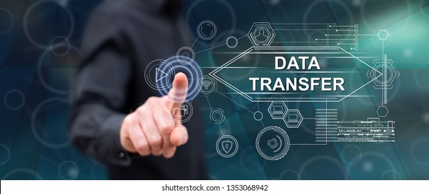 Man touching a data transfer concept on a touch screen with his finger