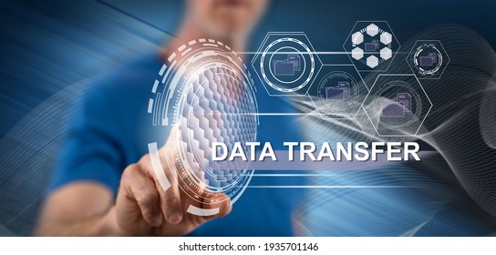 Man touching a data transfer concept on a touch screen with his finger