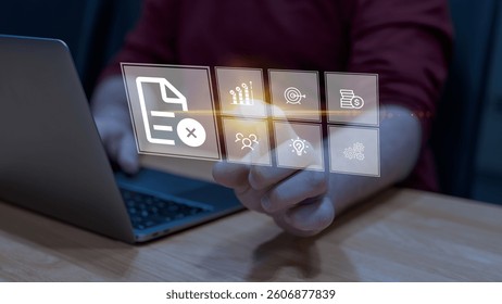 Man Touching Delete Document Icon on Digital Interface with Business and Data Analytics Symbols