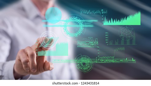 Man touching a digital analytics concept on a touch screen with his finger