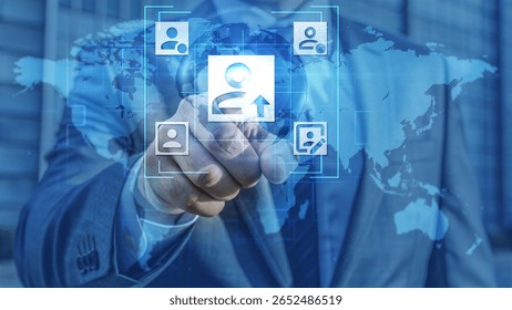Man Touching Digital Interface Screen with Futuristic Network Connections and World Map