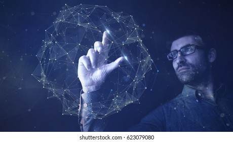 Man touching digital network