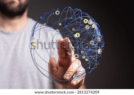 Man touching a digital sphere, global network connection