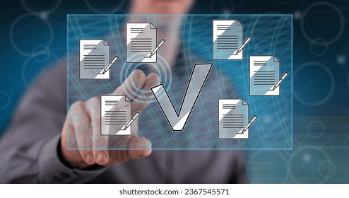 Man touching a document validation concept on a touch screen with his finger