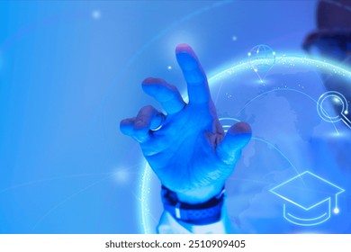 Man touching the futuristic blue screen