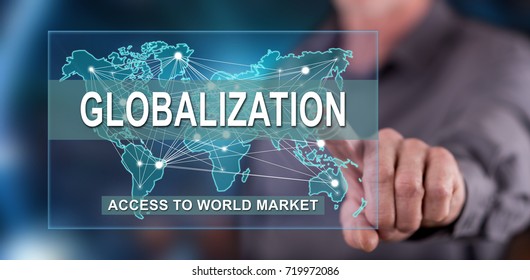 Man touching a globalization concept on a touch screen with his finger