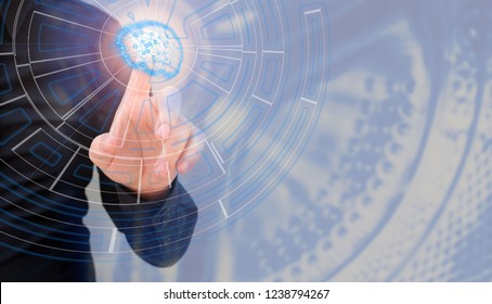 Man Touching Glowing Poligonal Brain With Tip Of The Finger, Virtual Riality, Artifical Intelligence Concept Futuristic