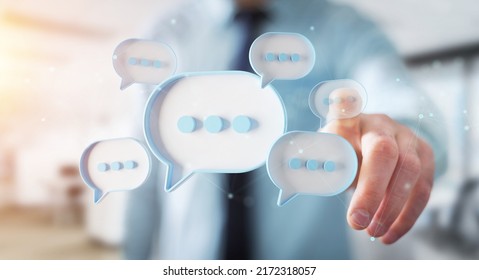 Man touching with his fingers digital white speech bubbles talk icons. Minimal conversation or social media messages floating in front of businessman hand. 3D rendering - Powered by Shutterstock