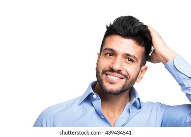 Man Touching His Hair. Isolated On White