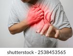 a man touching his heart, with red highlight of heart attack, and others heart disease concept, on white background