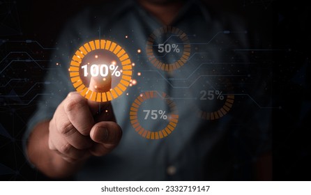 Man touching an icon of 100 percent on a virtual screen. Timeline to successful project. Project and work complete, completing a large project. Task priority and management