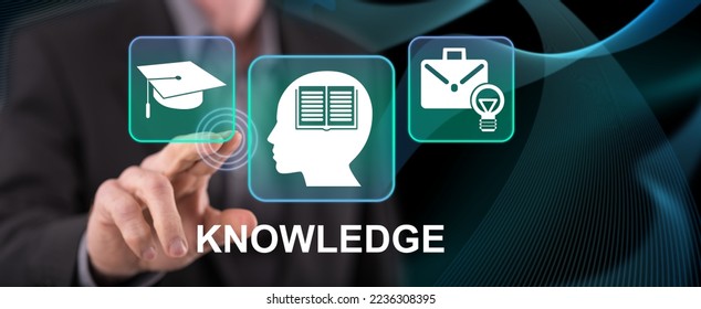 Man touching a knowledge concept on a touch screen with his finger