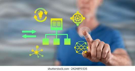 Man touching a knowledge sharing concept on a touch screen with his finger