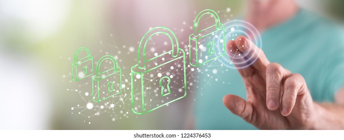 Man touching a network security concept on a touch screen with his finger