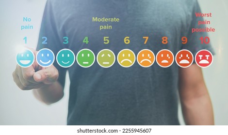 Man touching of pain measurement scale colorful icon virtual screen interface, emotions from happy blue to red crying, medical technology and futuristic concept.