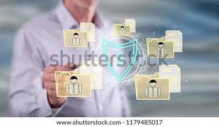 Man touching a personal data security concept on a touch screen with a pen