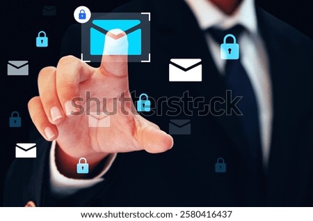 Man touching protected and secured message hovering, authenticated and strong security electronic email background. Cyber security, lock, safe, authorized.