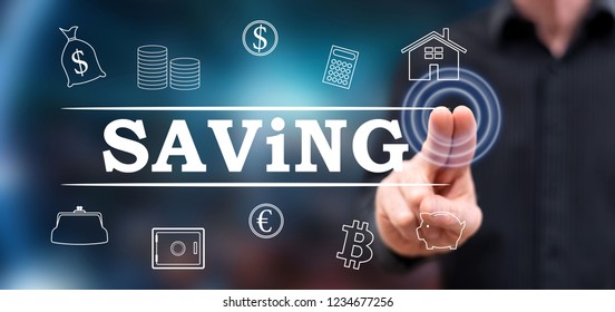 Man touching a saving concept on a touch screen with his fingers