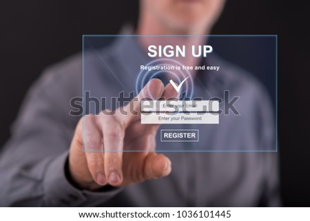 Man touching a signup concept on a touch screen with his finger