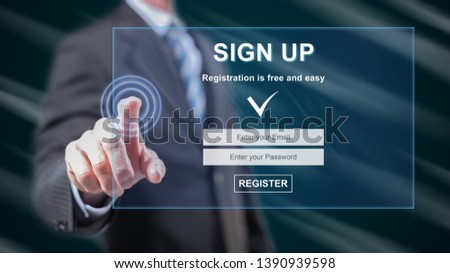 Man touching a signup concept on a touch screen with his fingers