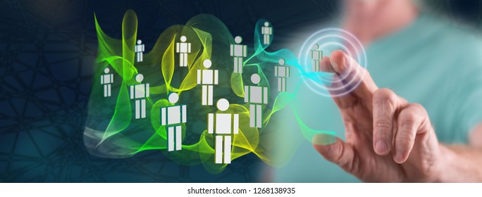 Man touching a social network concept on a touch screen with his finger