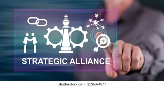 Man touching a strategic alliance concept on a touch screen with his finger