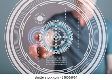 Man touching a virtual technology concept on a touch screen with his finger