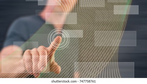 Man touching a virtual technology concept on a touch screen with his finger