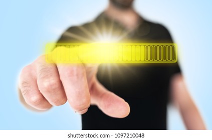 Man Touching Yellow Glowing Progress Bar On Translucent Touch Screen Interface, Digital Composite