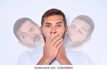 Man with Tourette syndrome, TS or nervous system problem. Man making tics, sudden twitches, movements, or sounds - Shutterstock ID 2126106824
