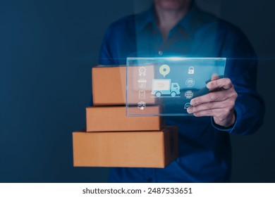 Man tracks his shipment with a tablet displaying a package and delivery icons, showcasing the ease and control of smart delivery apps with real-time tracking - Powered by Shutterstock