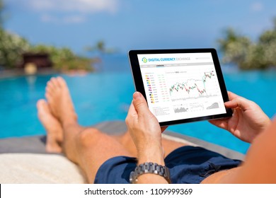 Man trading digital currencies online while relaxing by the pool. - Powered by Shutterstock