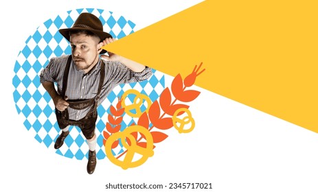 Man in traditional bavarian clothes holding hand to ear, it is a beer fest time. Greetings. Contemporary art collage. Concept of Oktoberfest, holiday, traditional festival, alcohol drink. Poster, ad