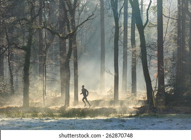 Man Trail Running In The Forest On A Foggy, Spring Morning.