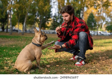 A man is training his dog using treats in the park, building a bond on a pleasant autumn afternoon - Powered by Shutterstock