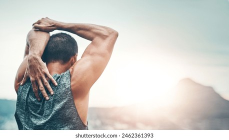 Man, training and runner stretching arms in morning for benefits to health, wellness and energy. Athlete, prepare and back of workout for resilience in summer challenge with progress in fitness - Powered by Shutterstock