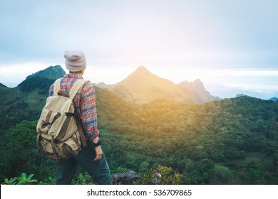 Man Traveler With Backpack Mountaineering Travel Lifestyle Concept