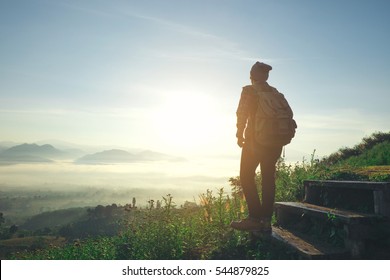 Man Traveler With Backpack Mountaineering Travel Lifestyle Concept