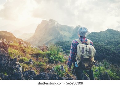 Man Traveler With Backpack Mountaineering Travel Lifestyle Concept