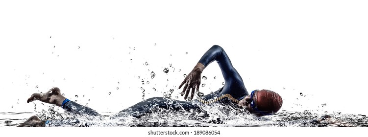 man triathlon iron man athlete swimmers swimming in silhouettes on white background