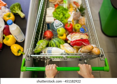 Man With Trolley Full Of Products In Supermarket Top View