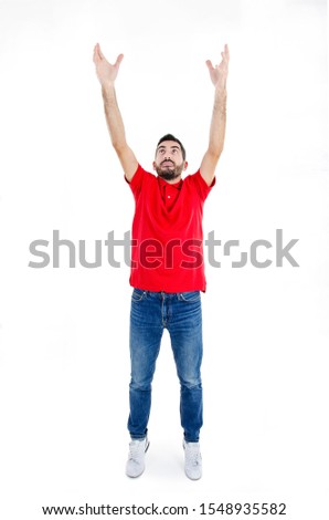 Man trying to catch something. Isolated on white background