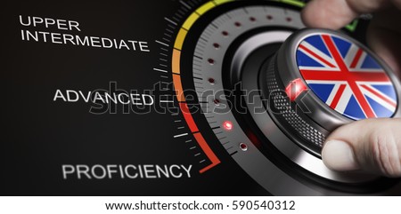Man turning button with english flag up to proficiency level. Scale of language and progress measurement concept. Composite image between a hand photography and a 3D background.