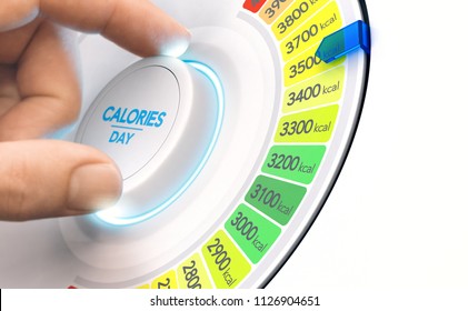 Man Turning A Calorie Knob To Increase Daily Intake Level. High Calories Diet Concept, Composite Image Between A Hand Photography And A 3D Background.