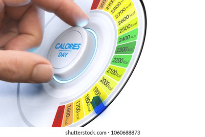 Man turning a calorie knob to reduce daily intake level. Composite image between a hand photography and a 3D background. - Shutterstock ID 1060688873