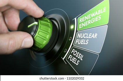 Man Turning An Energy Transition Button To Switch From Fossil Fuels To Renewable Energies. Composite Image Between A Hand Photography And A 3D Background.