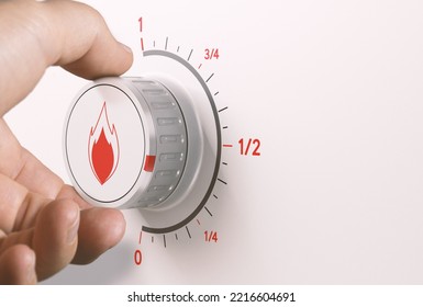 Man turning gas knob to reduce energy consumption. Composite image between a hand photography and a 3D background. - Shutterstock ID 2216604691