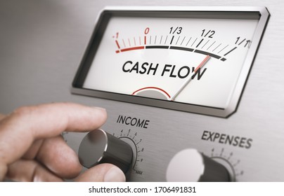 Man Turning Income Knob To Increase Cash Flow Amount. Concept Of Good Management Of Liquidities In A Company. Composite Image Between A Hand Photography And A 3D Background.